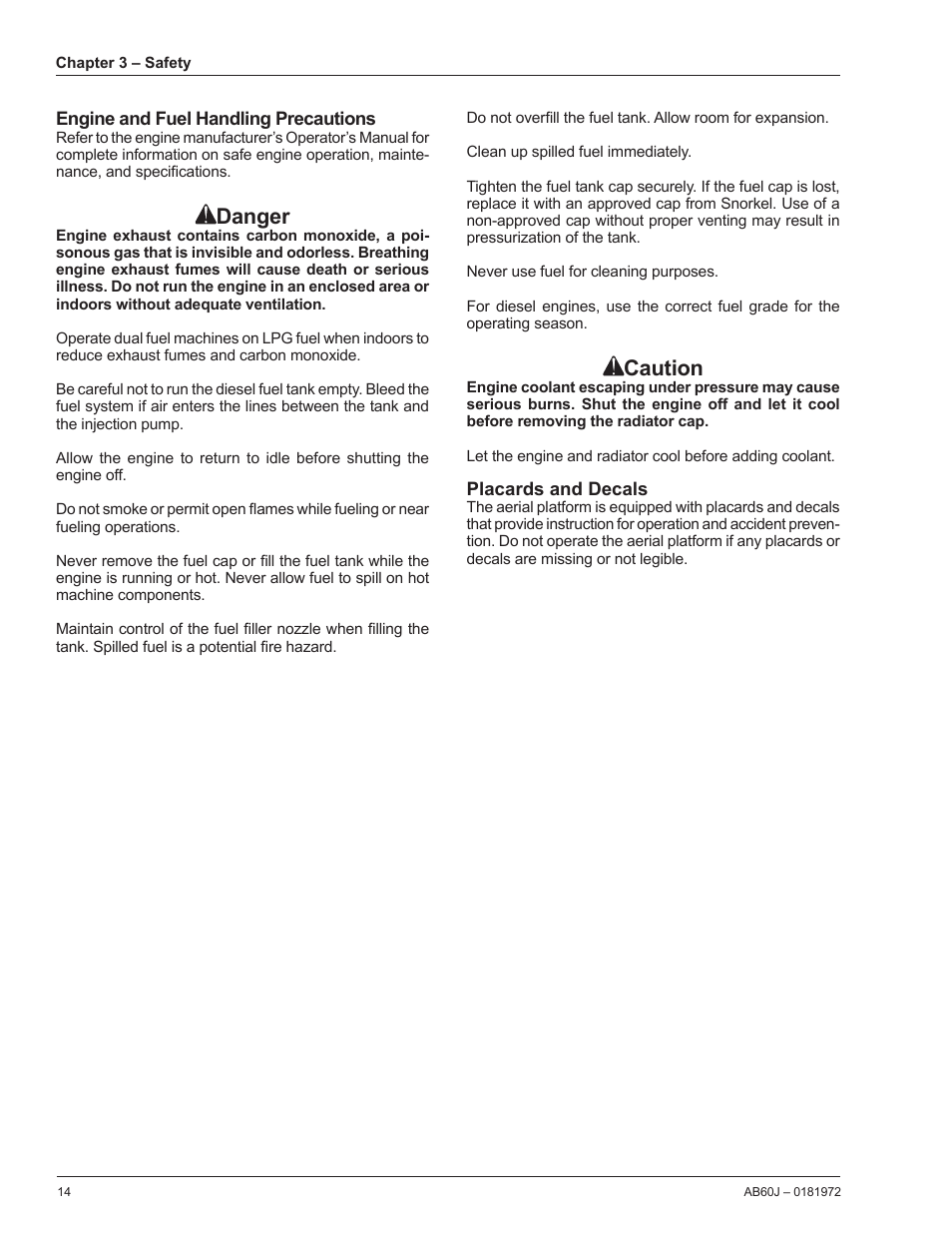 Engine and fuel handling precautions, Placards and decals, Danger | Caution | Snorkel AB60J User Manual | Page 18 / 76