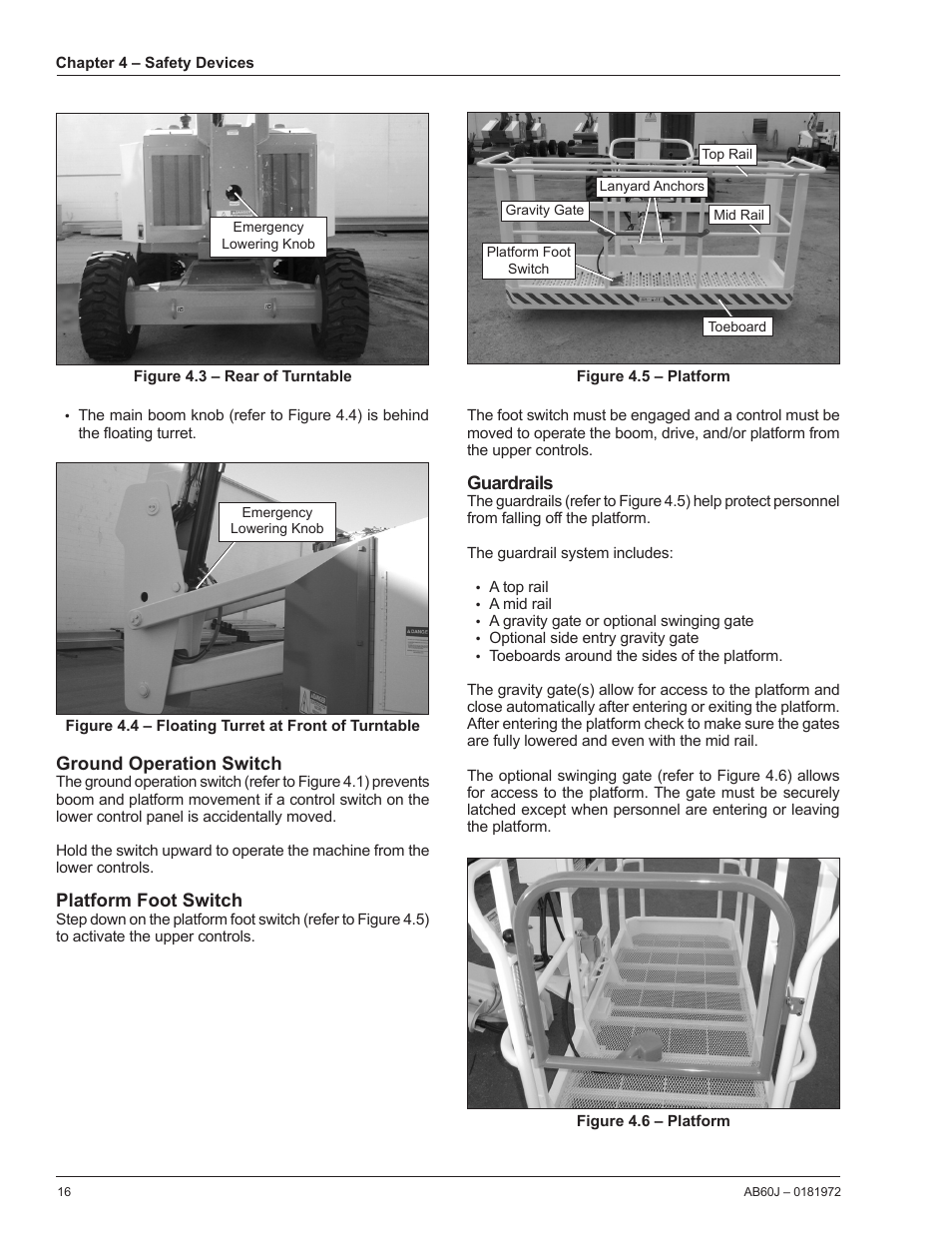 Ground operation switch, Platform foot switch, Guardrails | Snorkel AB60J User Manual | Page 20 / 76