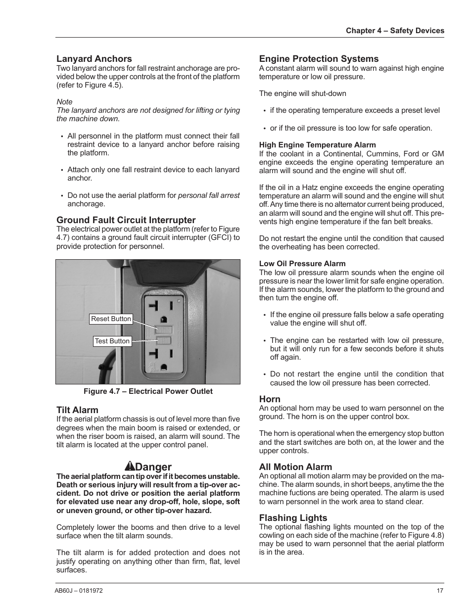Lanyard anchors, Ground fault circuit interrupter, Tilt alarm | Engine protection systems, High engine temperature alarm, Low oil pressure alarm, Horn, All motion alarm, Flashing lights, Danger | Snorkel AB60J User Manual | Page 21 / 76
