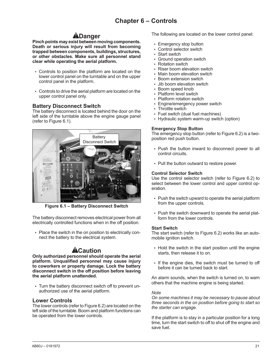 Chapter 6 – controls, Battery disconnect switch, Lower controls | Emergency stop button, Control selector switch, Start switch, Danger, Caution | Snorkel AB60J User Manual | Page 25 / 76