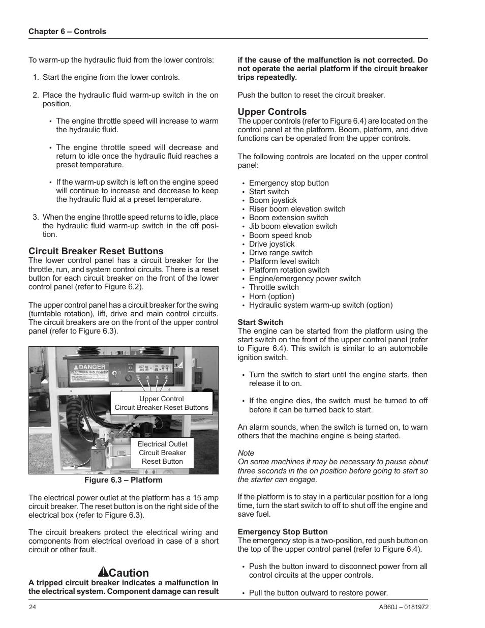 Circuit breaker reset buttons, Upper controls, Start switch | Emergency stop button, Caution | Snorkel AB60J User Manual | Page 28 / 76