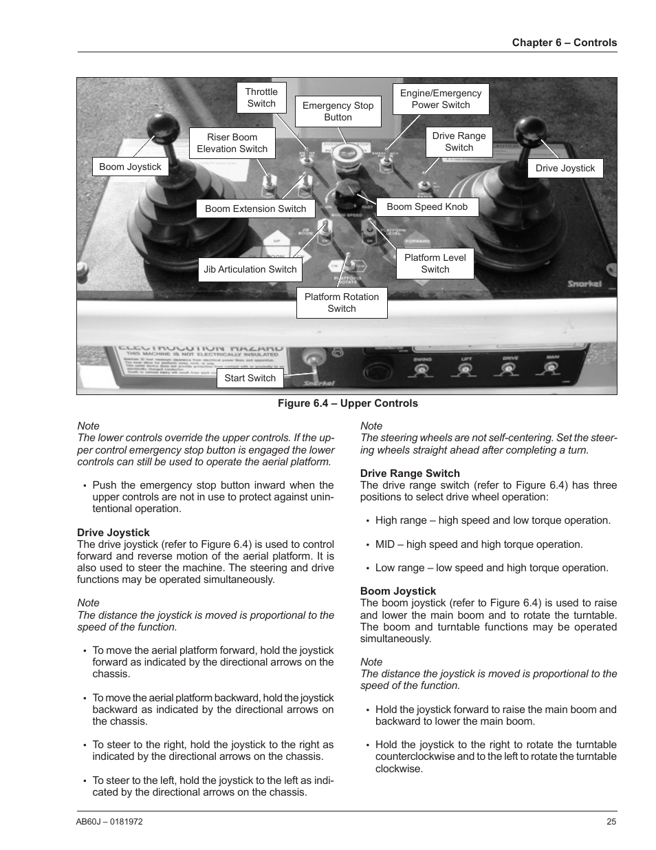 Drive joystick, Drive range switch, Boom joystick | Snorkel AB60J User Manual | Page 29 / 76
