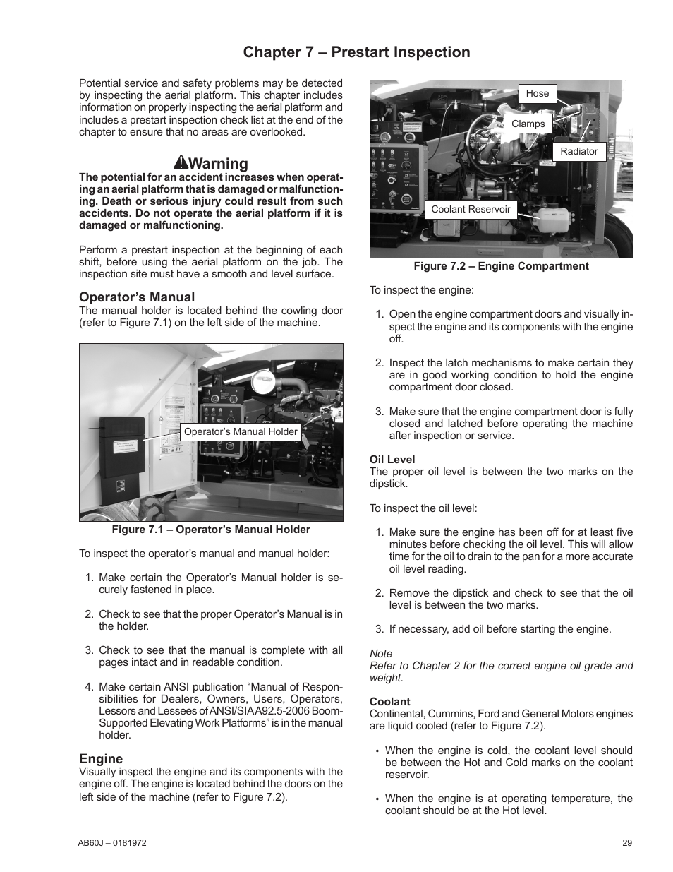 Chapter 7 – prestart inspection, Operator’s manual, Engine | Oil level, Coolant, Warning | Snorkel AB60J User Manual | Page 33 / 76