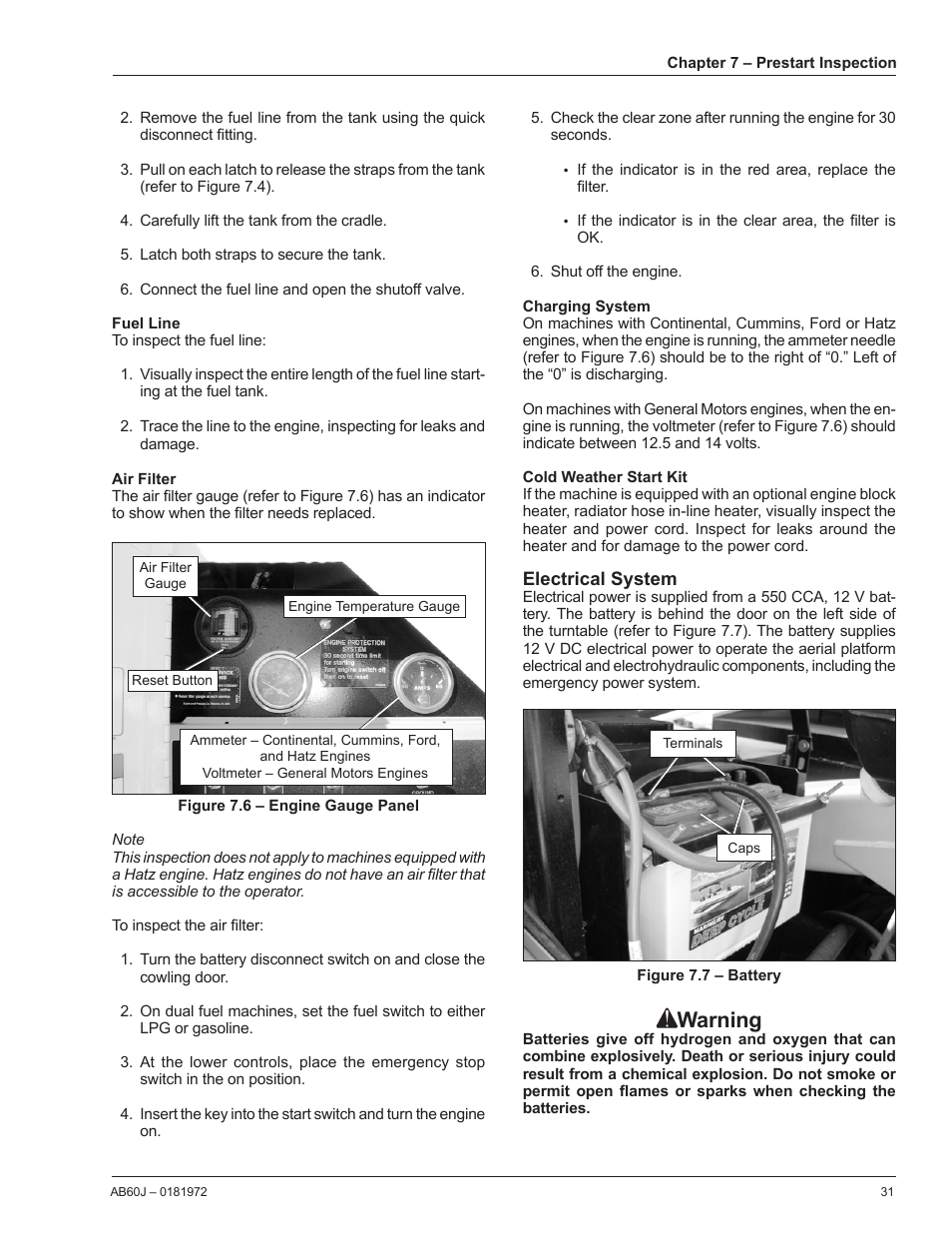 Fuel line, Air filter, Charging system | Cold weather start kit, Electrical system, Warning | Snorkel AB60J User Manual | Page 35 / 76