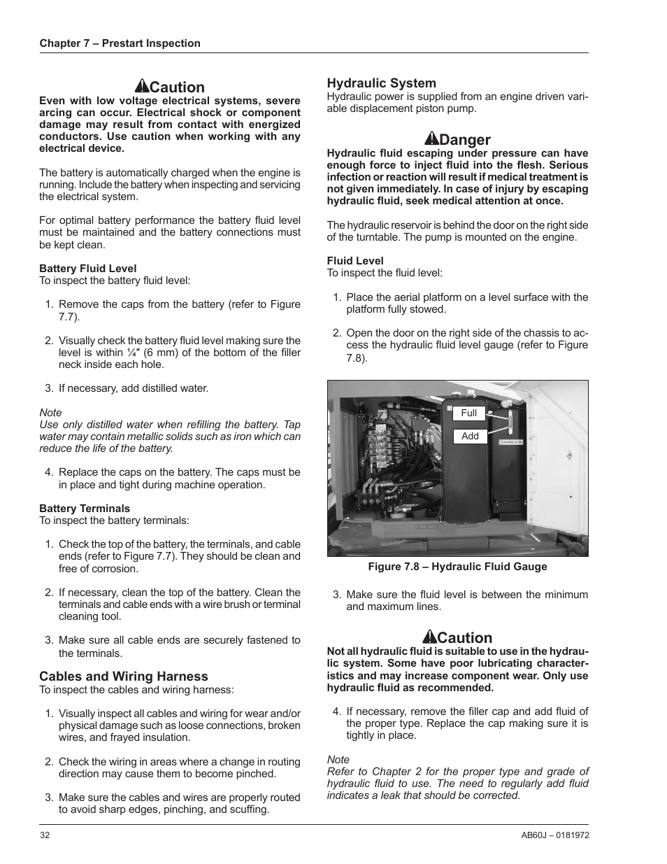 Battery fluid level, Battery terminals, Cables and wiring harness | Hydraulic system, Fluid level, Danger, Caution | Snorkel AB60J User Manual | Page 36 / 76