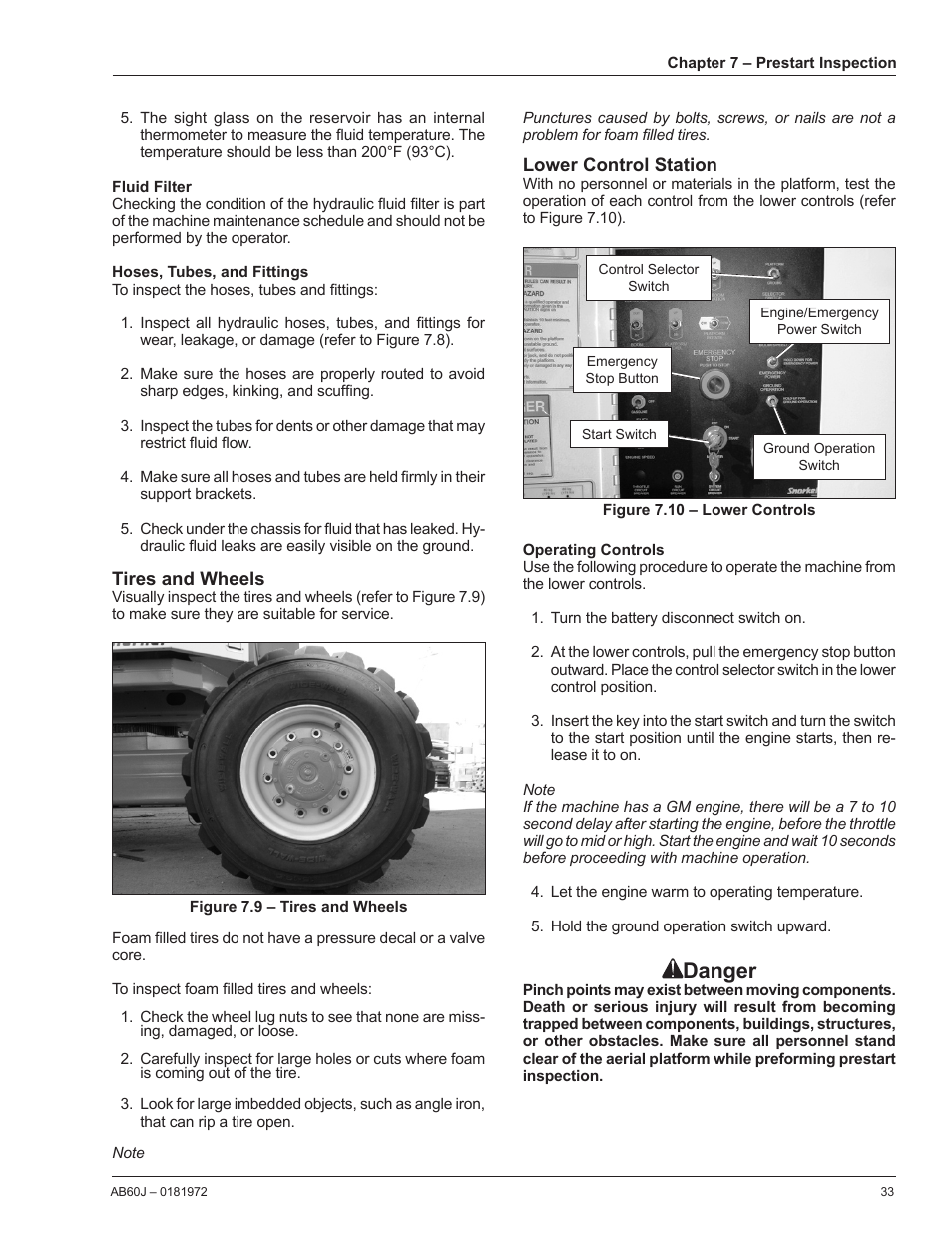 Fluid filter, Hoses, tubes, and fittings, Tires and wheels | Lower control station, Operating controls, Danger | Snorkel AB60J User Manual | Page 37 / 76