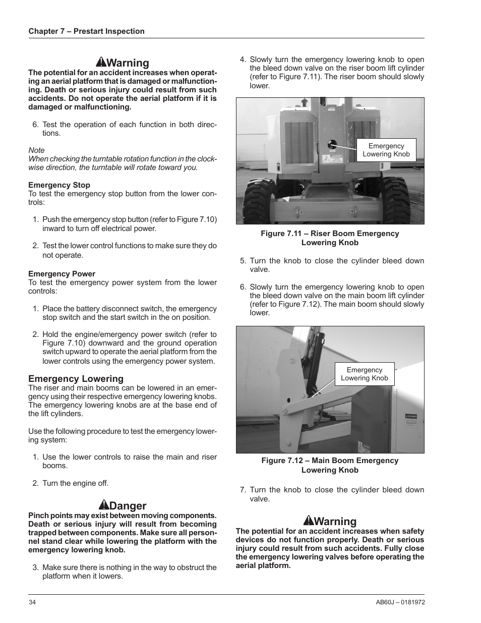 Emergency stop, Emergency power, Emergency lowering | Warning, Danger | Snorkel AB60J User Manual | Page 38 / 76