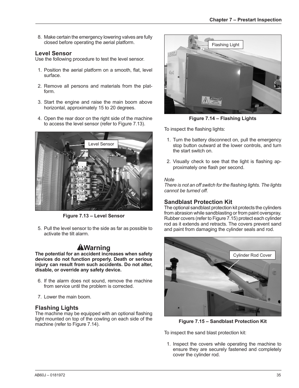 Level sensor, Flashing lights, Sandblast protection kit | Warning | Snorkel AB60J User Manual | Page 39 / 76