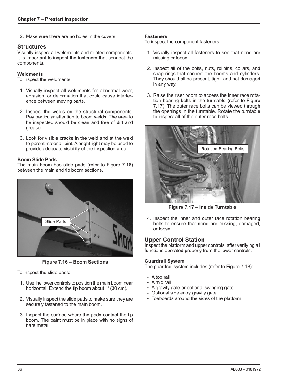 Structures, Weldments, Boom slide pads | Fasteners, Upper control station, Guardrail system | Snorkel AB60J User Manual | Page 40 / 76