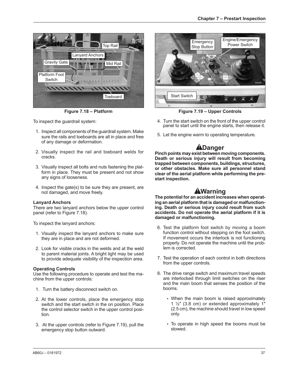 Lanyard anchors, Operating controls, Danger | Warning | Snorkel AB60J User Manual | Page 41 / 76