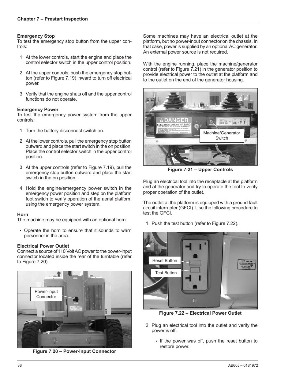 Emergency stop, Emergency power, Horn | Electrical power outlet | Snorkel AB60J User Manual | Page 42 / 76