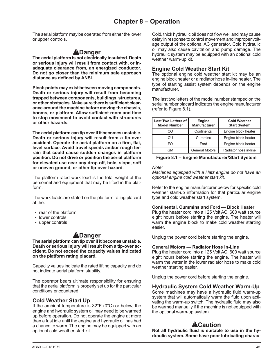 Chapter 8 – operation, Cold weather start up, Engine cold weather start kit | Continental, cummins and ford — block heater .45, General motors — radiator hose in-line, Hydraulic system cold weather warm-up, Danger, Caution | Snorkel AB60J User Manual | Page 49 / 76