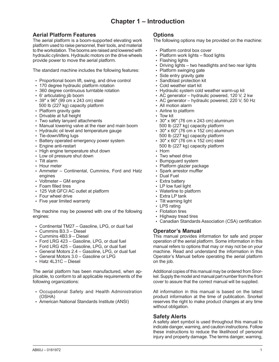 Chapter 1 – introduction, Aerial platform features, Options | Operator’s manual, Safety alerts | Snorkel AB60J User Manual | Page 5 / 76