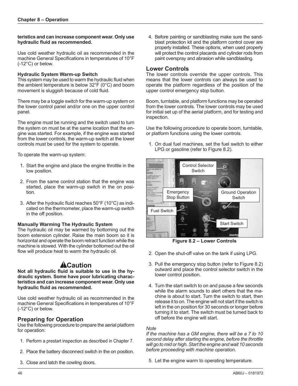 Hydraulic system warm-up switch, Manually warming the hydraulic system, Preparing for operation | Lower controls, Caution | Snorkel AB60J User Manual | Page 50 / 76