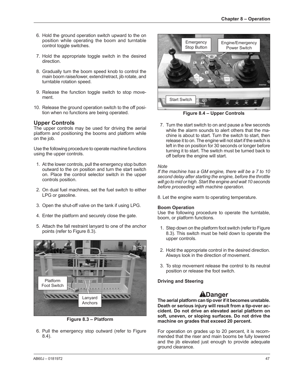 Upper controls, Boom operation, Driving and steering | Danger | Snorkel AB60J User Manual | Page 51 / 76