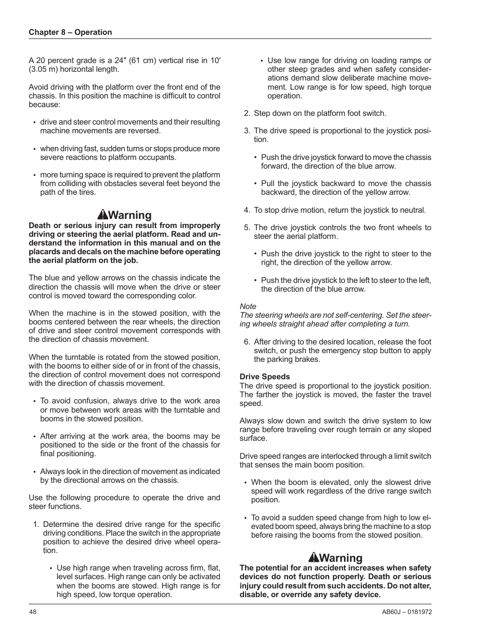 Drive speeds, Warning | Snorkel AB60J User Manual | Page 52 / 76