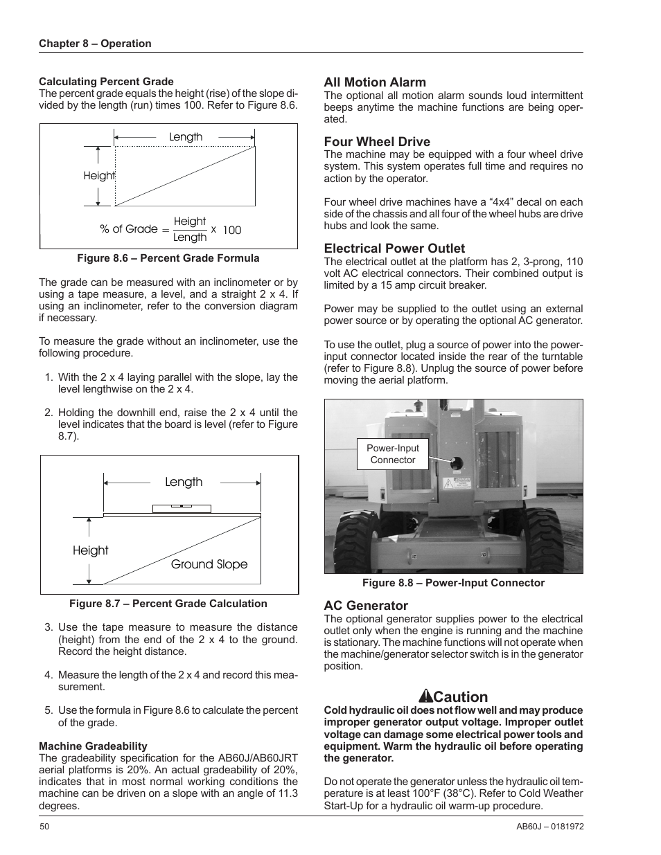 Calculating percent grade, Machine gradeability, All motion alarm | Four wheel drive, Electrical power outlet, Ac generator, Caution | Snorkel AB60J User Manual | Page 54 / 76