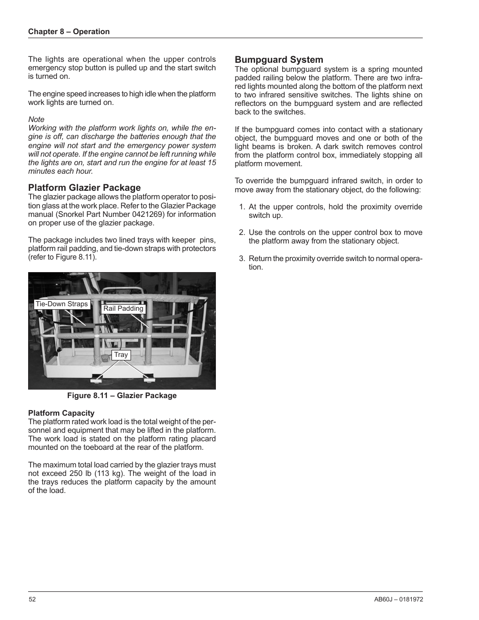 Platform glazier package, Platform capacity, Bumpguard system | Snorkel AB60J User Manual | Page 56 / 76