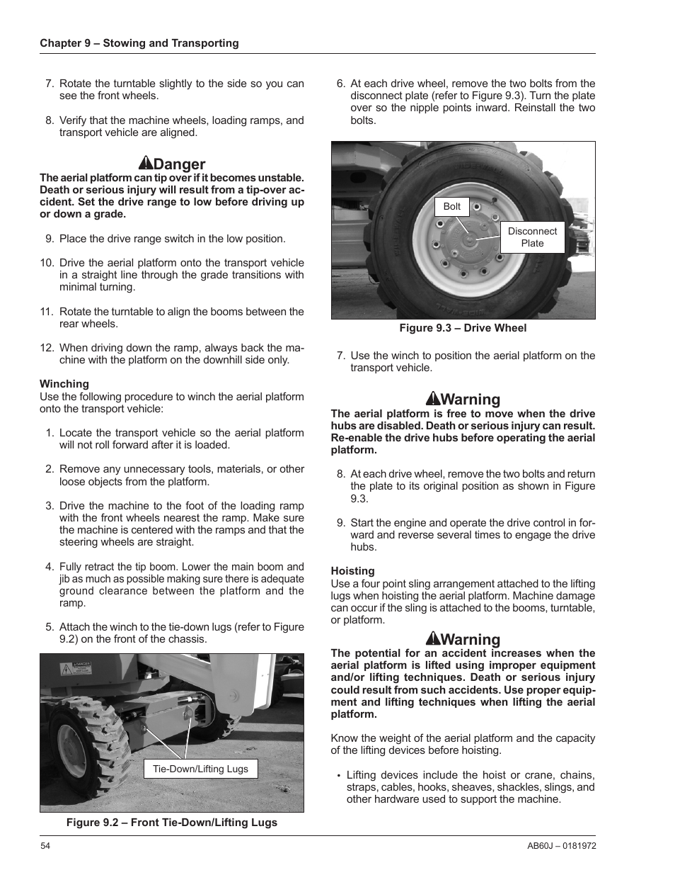 Winching, Hoisting, Danger | Warning | Snorkel AB60J User Manual | Page 58 / 76