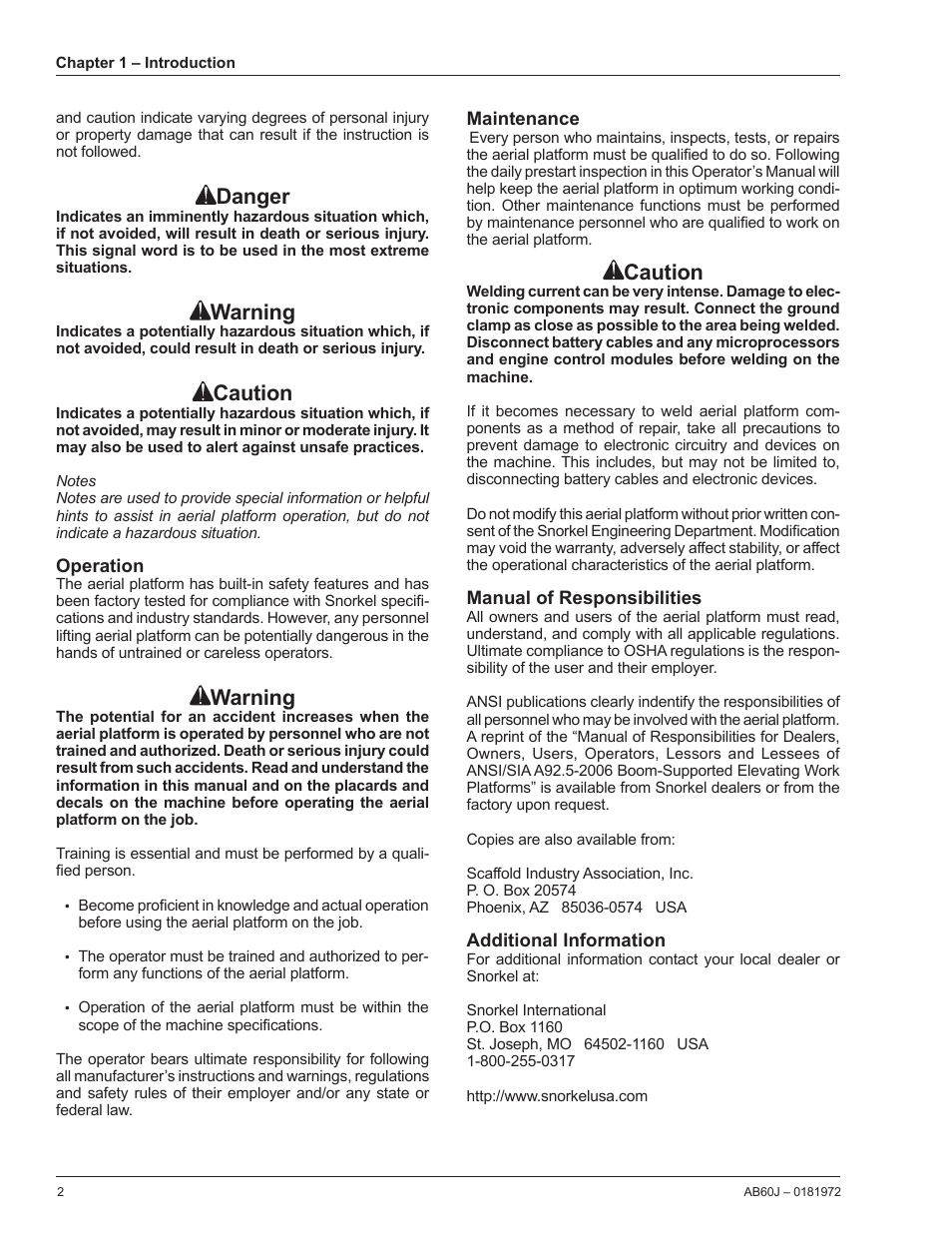 Operation, Maintenance, Manual of responsibilities | Additional information, Danger, Warning, Caution | Snorkel AB60J User Manual | Page 6 / 76