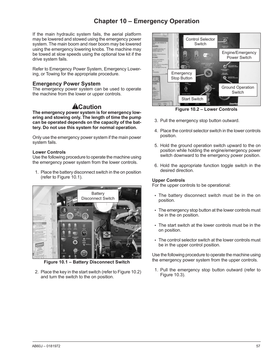 Chapter 10 – emergency operation, Emergency power system, Lower controls | Upper controls, Emergency lowering, Caution | Snorkel AB60J User Manual | Page 61 / 76