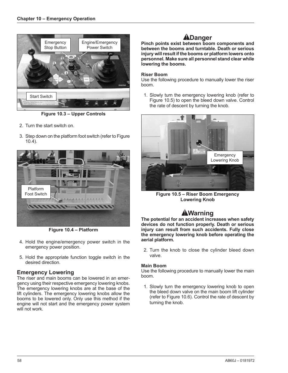 Riser boom, Main boom, Danger | Warning | Snorkel AB60J User Manual | Page 62 / 76