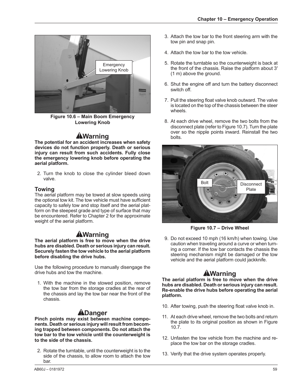 Towing, Warning, Danger | Snorkel AB60J User Manual | Page 63 / 76