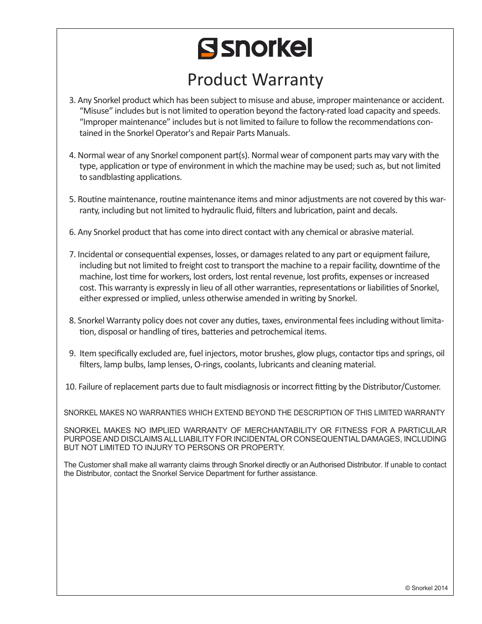 Product warranty | Snorkel AB60J User Manual | Page 73 / 76