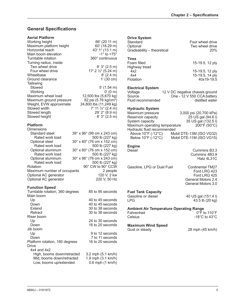 General specifications | Snorkel AB60J User Manual | Page 9 / 76