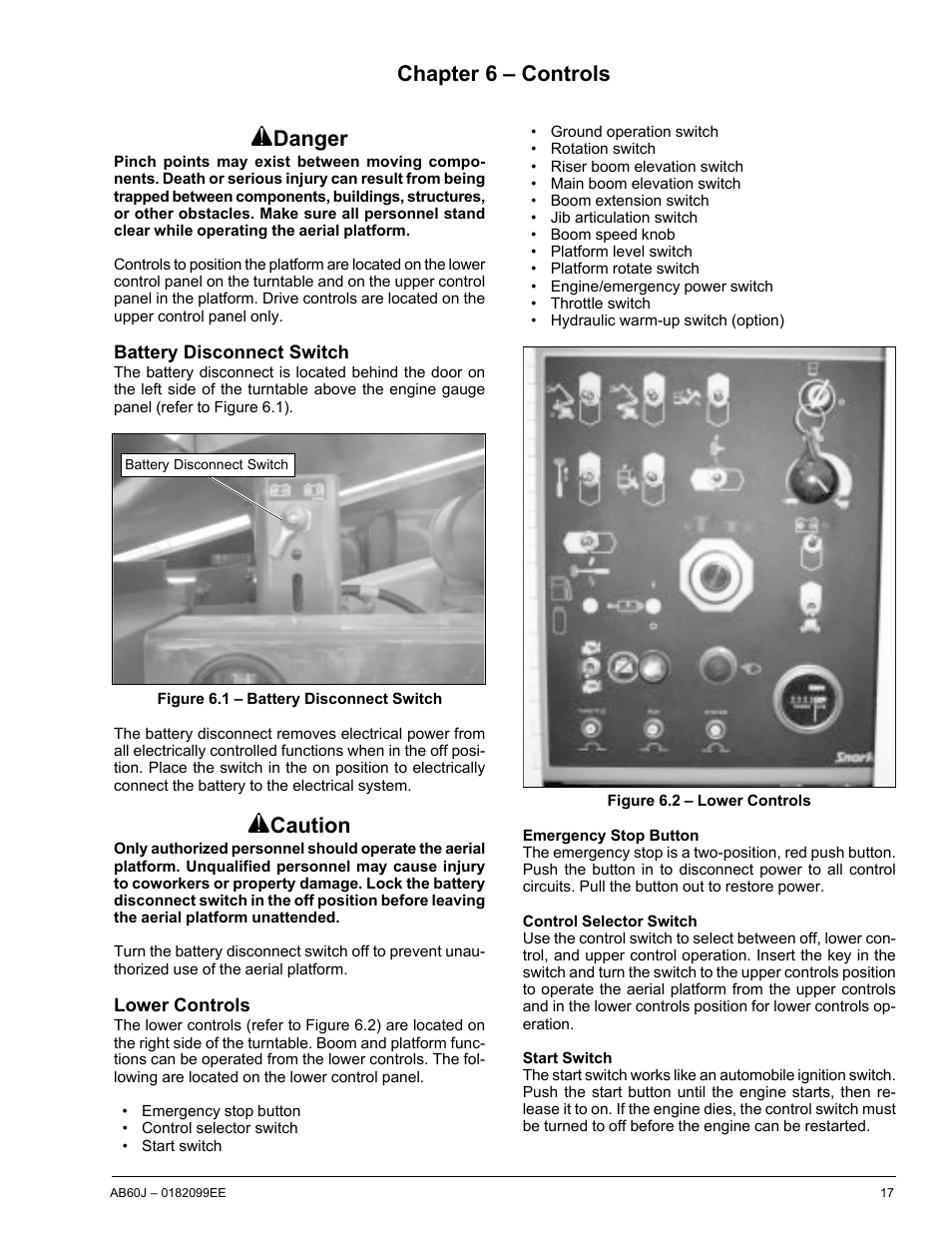 Danger, Caution, Chapter 6 – controls | Snorkel AB60J CE User Manual | Page 21 / 68