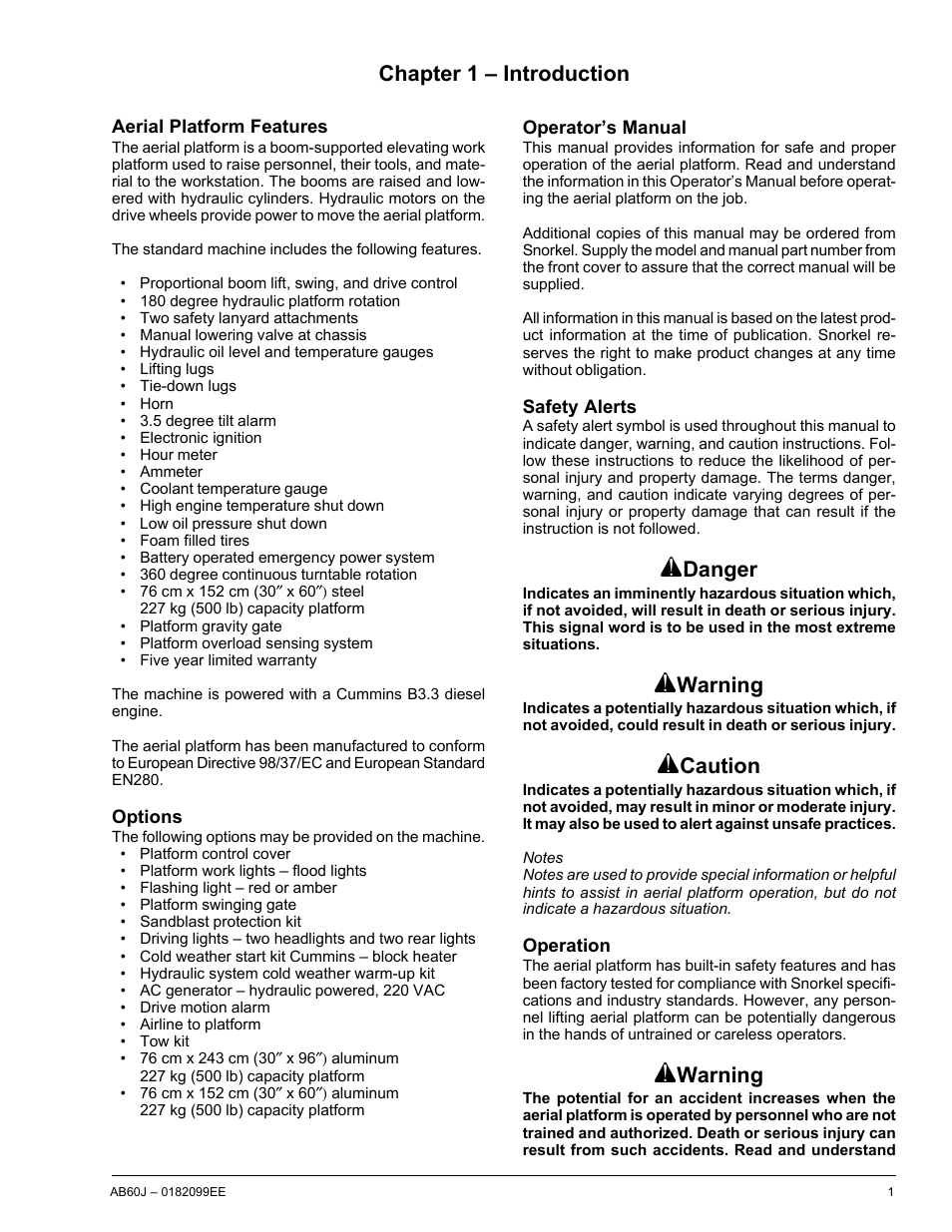 Chapter 1 – introduction, Danger, Warning | Caution | Snorkel AB60J CE User Manual | Page 5 / 68