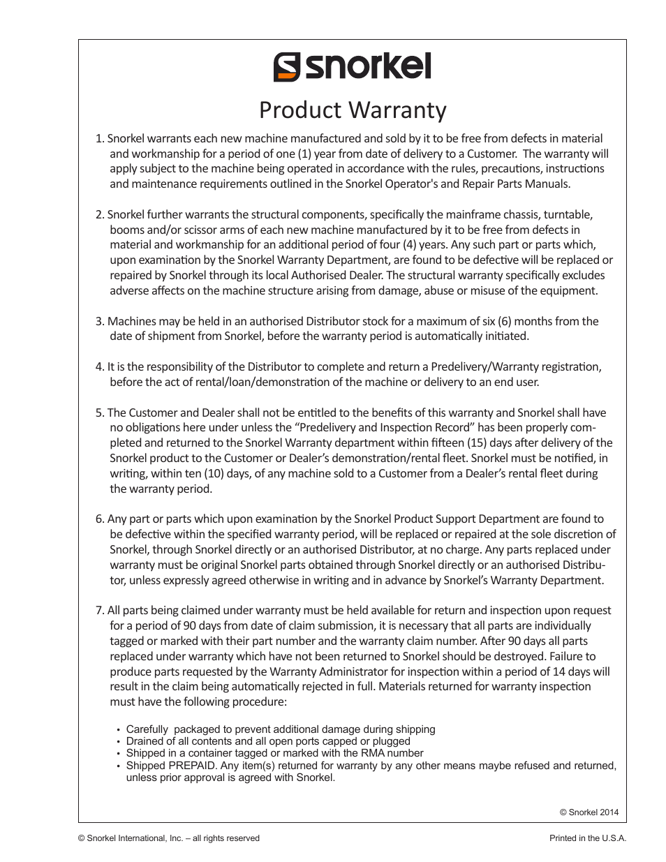 Product warranty | Snorkel AB60J CE User Manual | Page 63 / 68