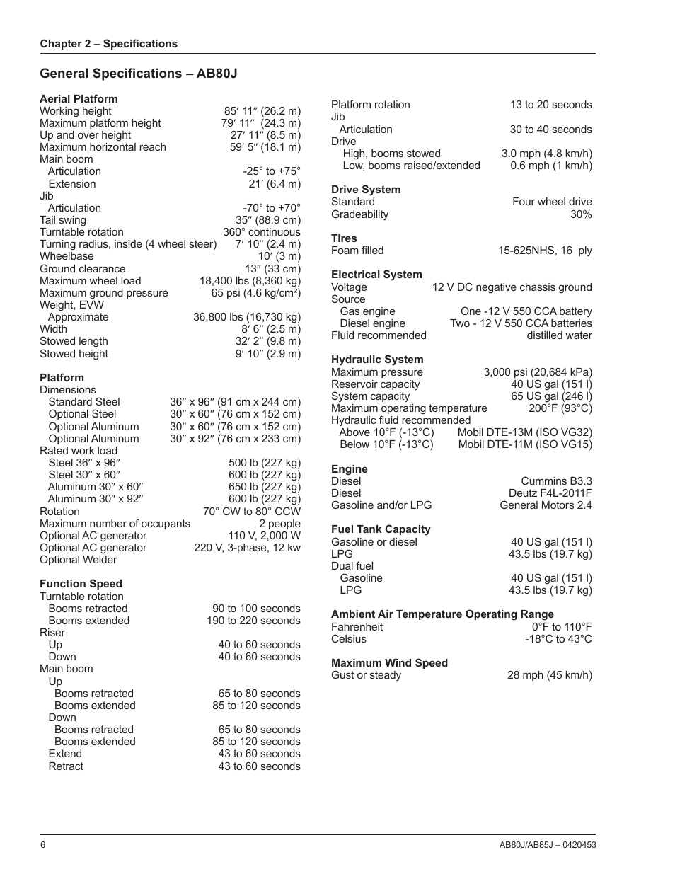 General specifications – ab80j | Snorkel AB80J User Manual | Page 10 / 80
