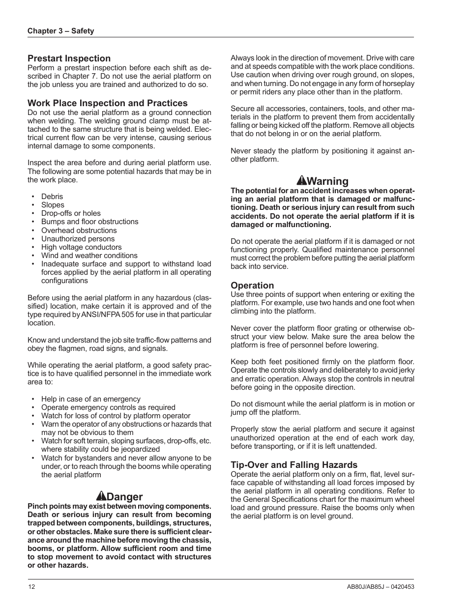 Prestart inspection, Work place inspection and practices, Operation | Tip-over and falling hazards, Danger, Warning | Snorkel AB80J User Manual | Page 16 / 80