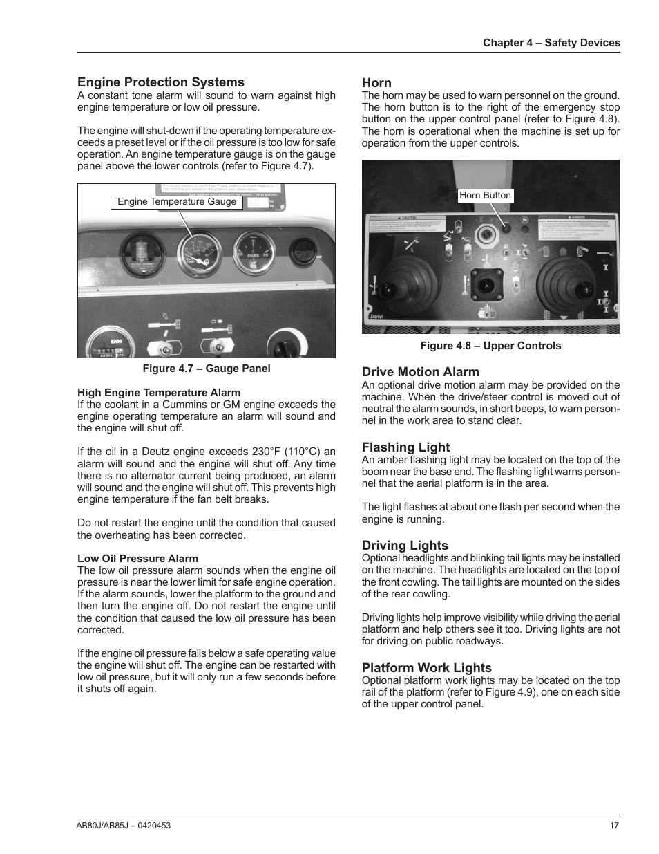 Engine protection systems, High engine temperature alarm, Low oil pressure alarm | Horn, Drive motion alarm, Flashing light, Driving lights, Platform work lights | Snorkel AB80J User Manual | Page 21 / 80