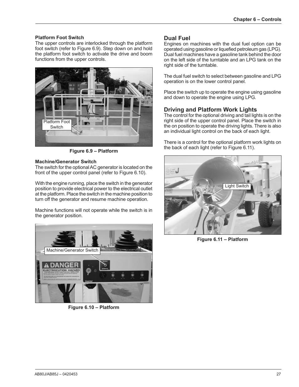 Platform foot switch, Machine/generator switch, Dual fuel | Driving and platform work lights | Snorkel AB80J User Manual | Page 31 / 80