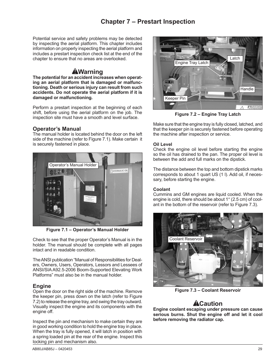 Chapter 7 – prestart inspection, Operator’s manual, Engine | Oil level, Coolant, Caution, Warning | Snorkel AB80J User Manual | Page 33 / 80