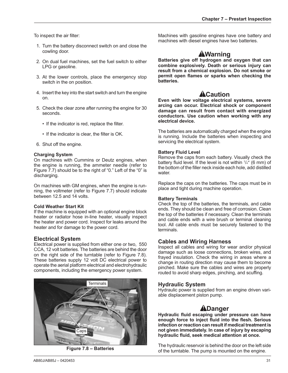 Charging system, Cold weather start kit, Electrical system | Battery fluid level, Battery terminals, Cables and wiring harness, Hydraulic system, Warning, Caution, Danger | Snorkel AB80J User Manual | Page 35 / 80