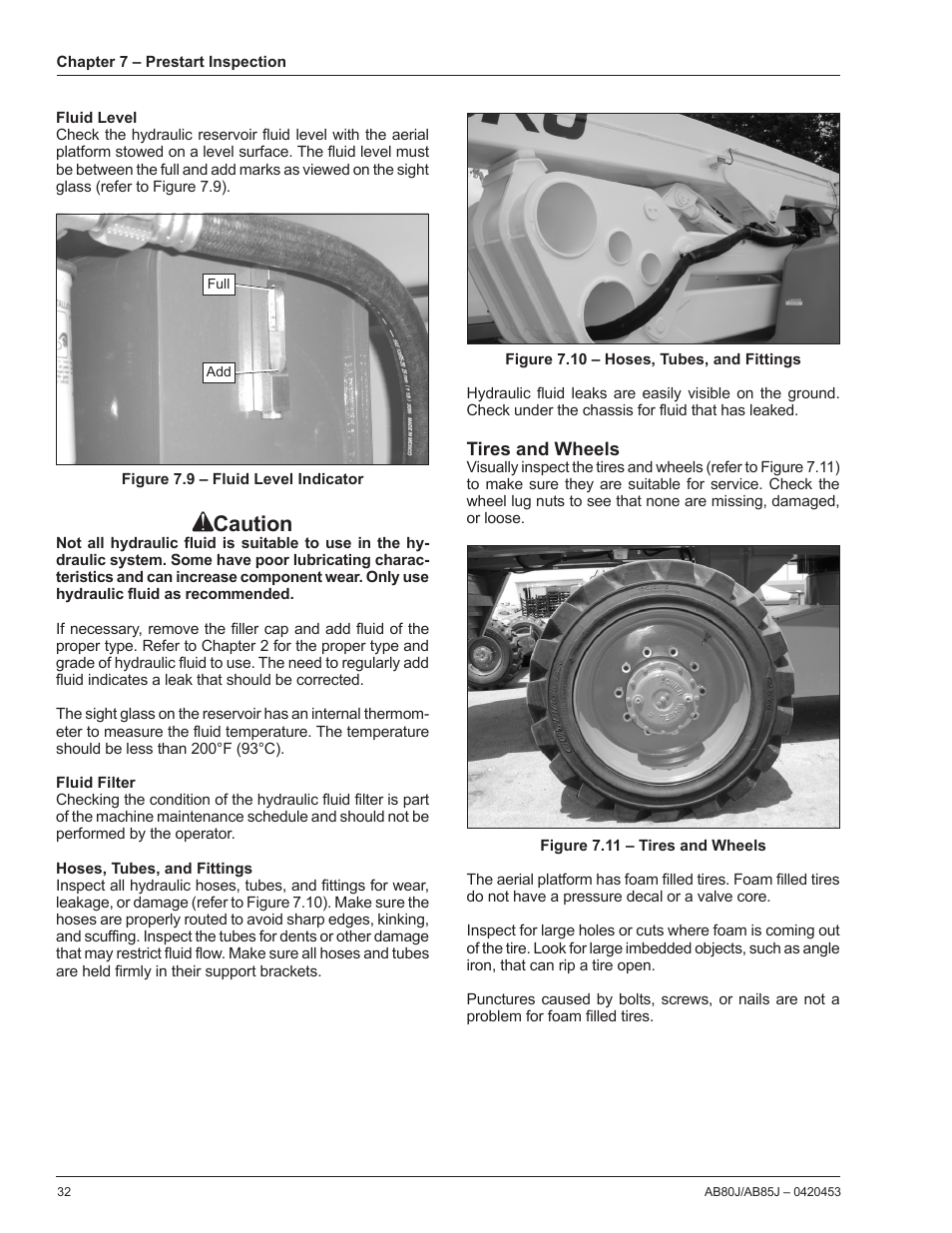 Fluid level, Fluid filter, Hoses, tubes, and fittings | Tires and wheels, Caution | Snorkel AB80J User Manual | Page 36 / 80