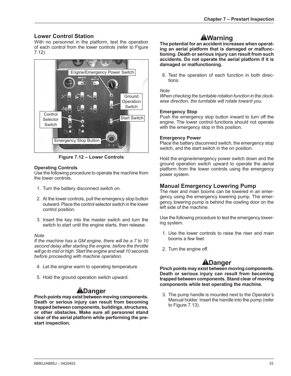 Lower control station, Operating controls, Emergency stop | Emergency power, Manual emergency lowering pump, Danger, Warning | Snorkel AB80J User Manual | Page 37 / 80