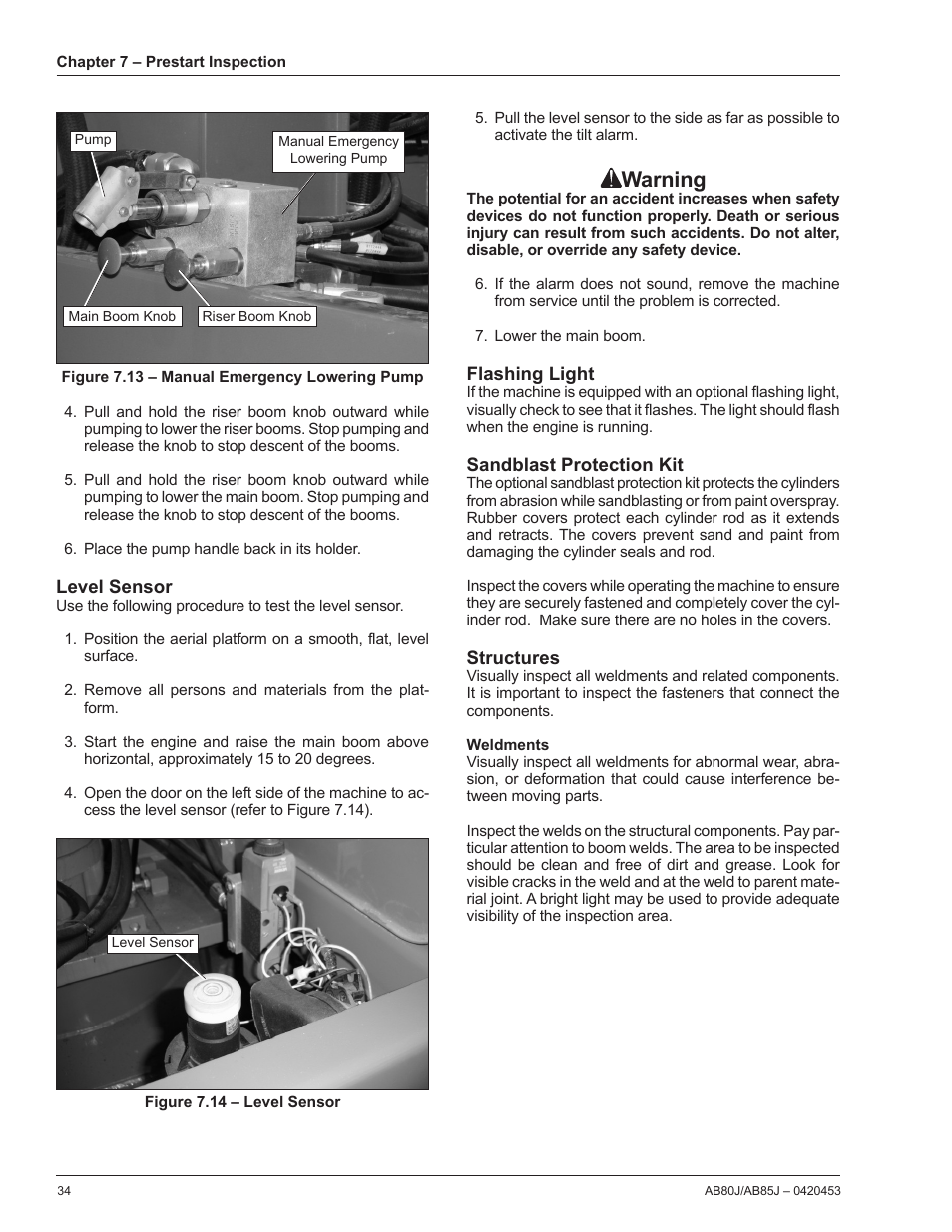 Level sensor, Flashing light, Sandblast protection kit | Structures, Weldments, Warning | Snorkel AB80J User Manual | Page 38 / 80