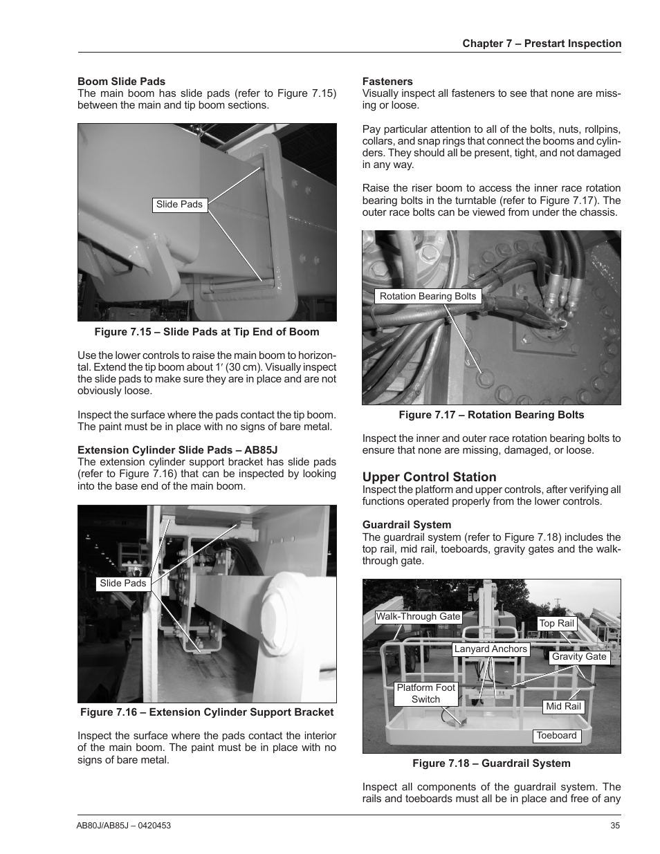 Boom slide pads, Extension cylinder slide pads – ab85rj, Fasteners | Upper control station, Guardrail system, Extension cylinder slide pads – ab85j | Snorkel AB80J User Manual | Page 39 / 80