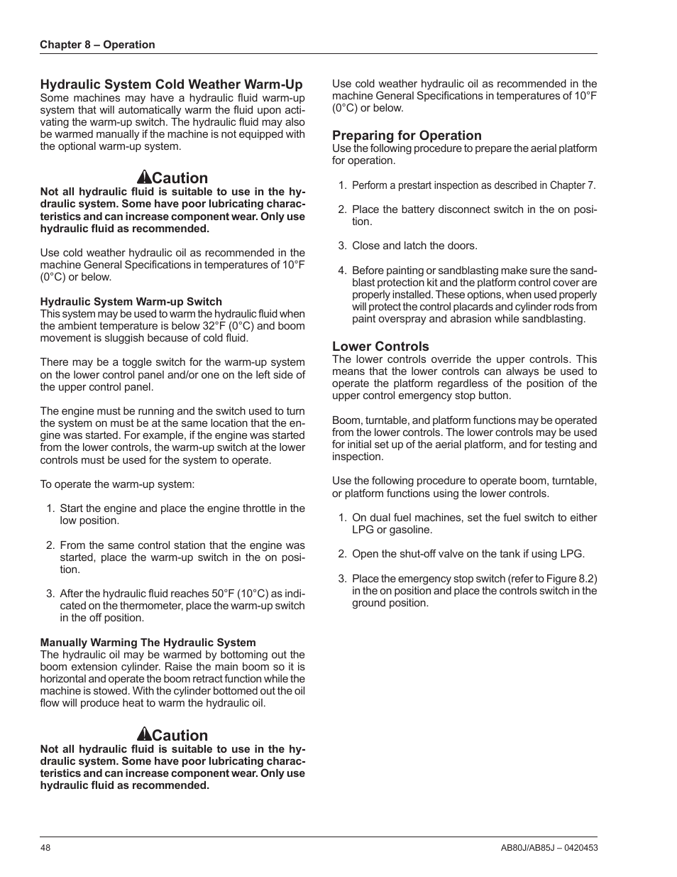 Hydraulic system cold weather warm-up, Hydraulic system warm-up switch, Manually warming the hydraulic system | Preparing for operation, Lower controls, Caution | Snorkel AB80J User Manual | Page 52 / 80