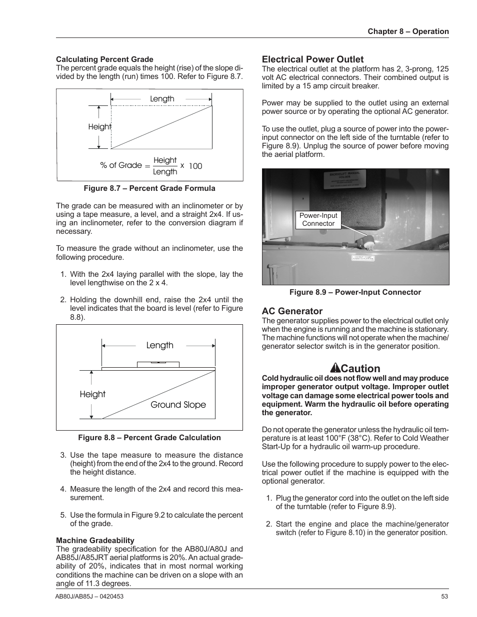 Driving on a slope, Calculating percent grade, Machine gradeability | Electrical power outlet, Caution | Snorkel AB80J User Manual | Page 57 / 80
