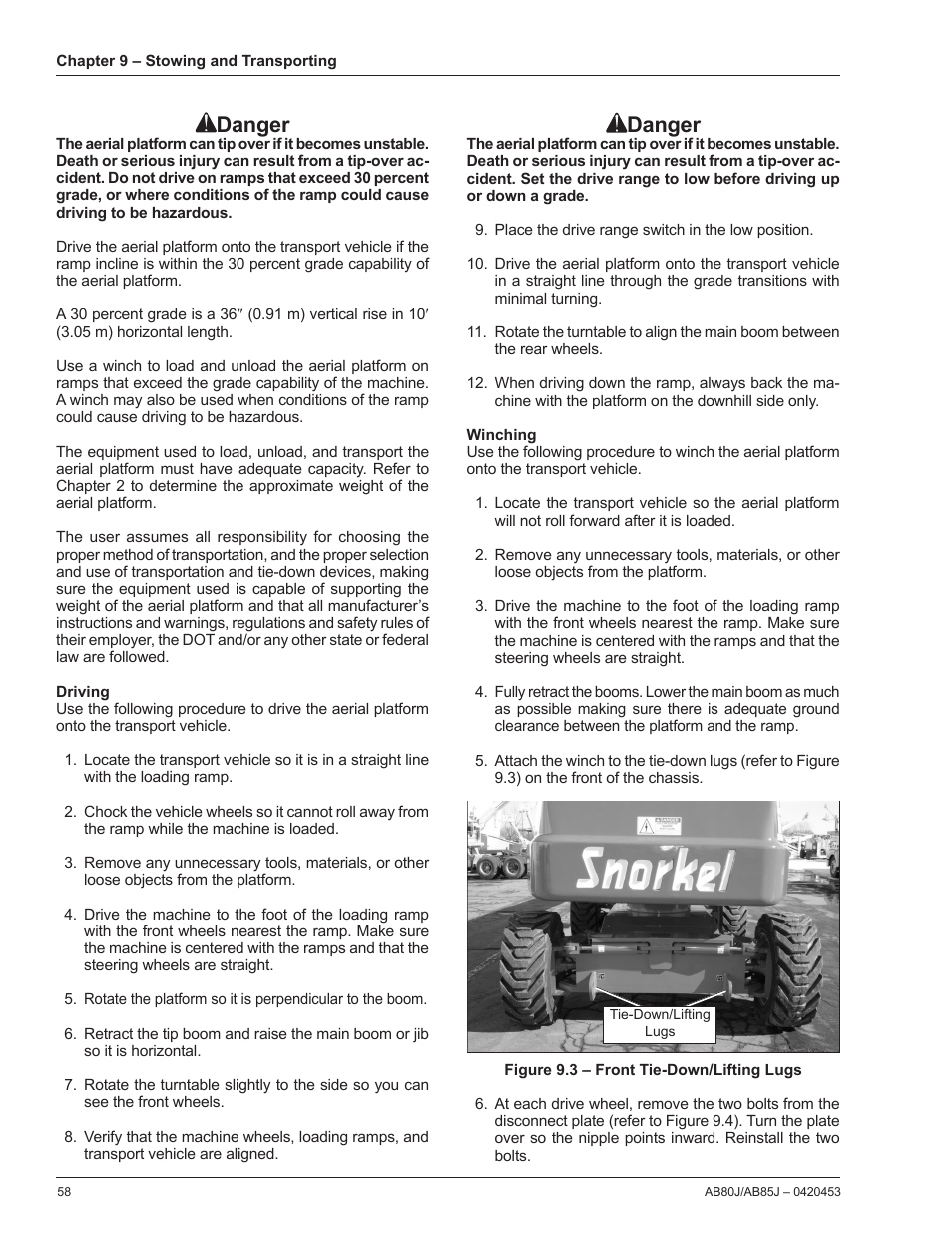 Driving, Winching, Danger | Snorkel AB80J User Manual | Page 62 / 80