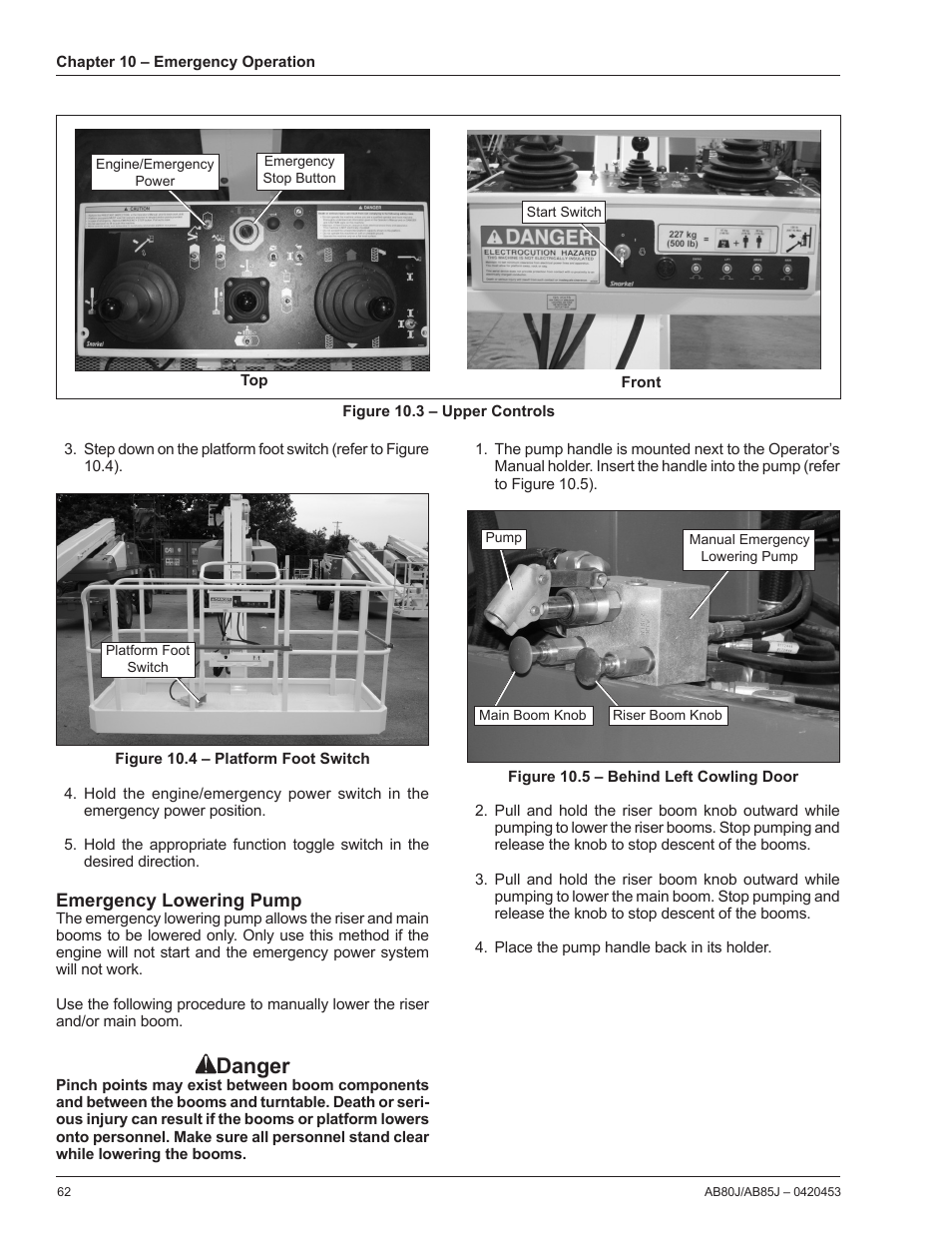 Emergency lowering pump, Danger | Snorkel AB80J User Manual | Page 66 / 80