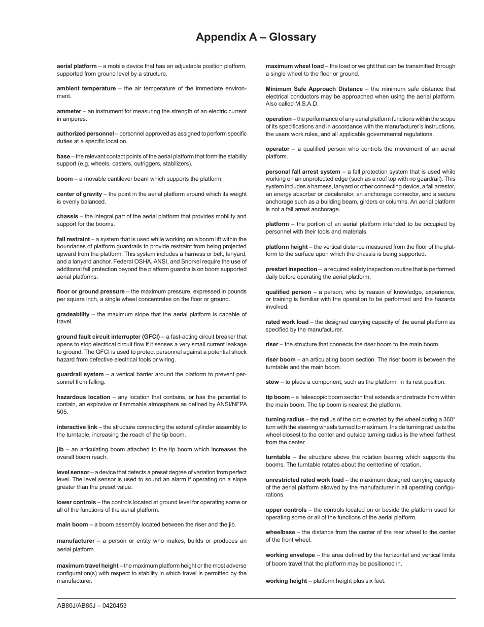 Appendix a – glossary | Snorkel AB80J User Manual | Page 73 / 80