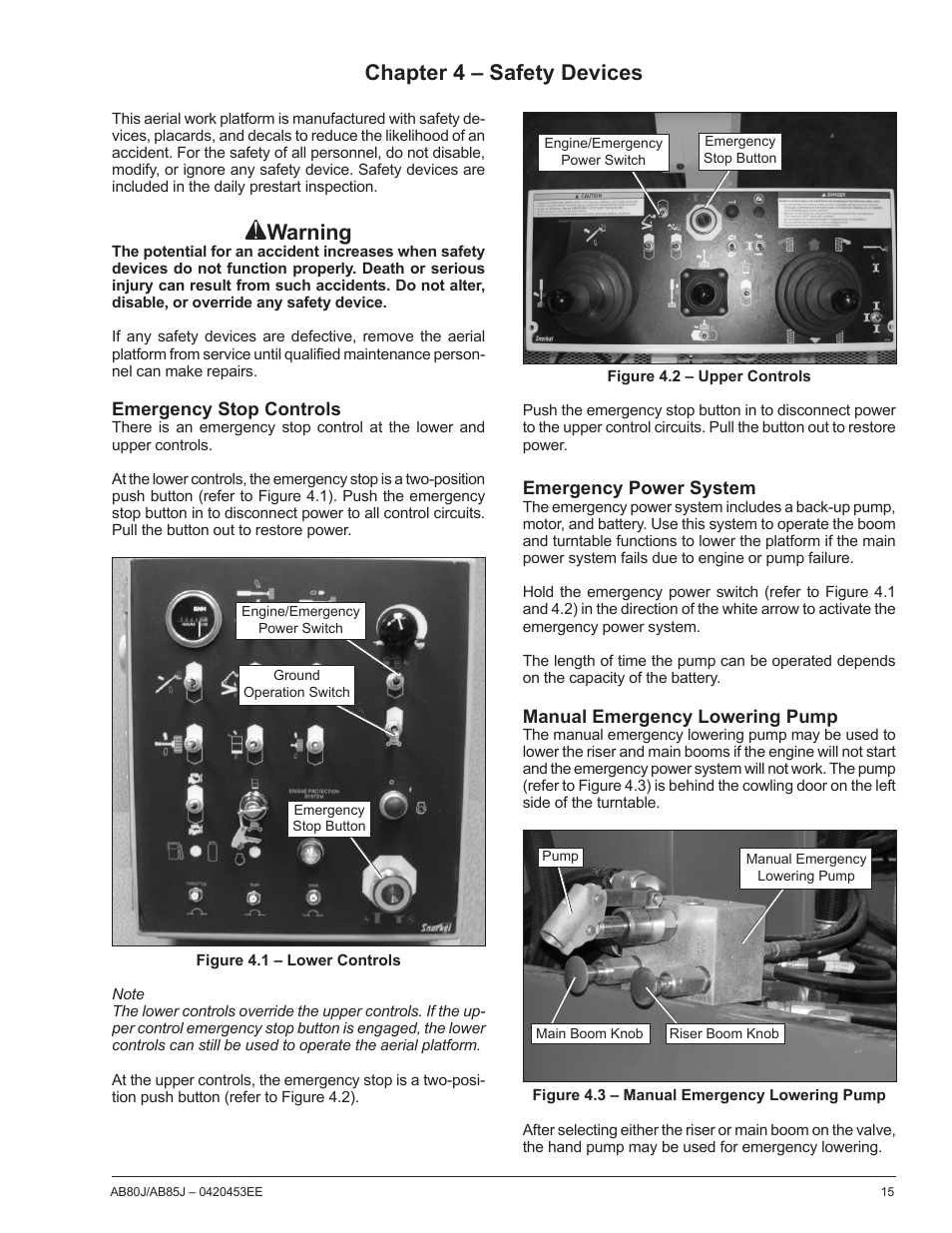 Warning, Chapter 4 – safety devices | Snorkel AB85RJ CE User Manual | Page 19 / 74