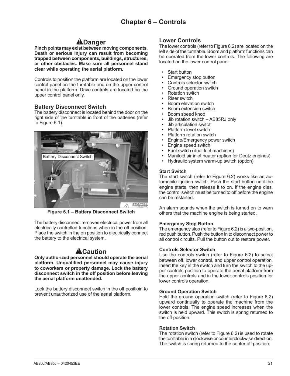Chapter 6 – controls, Danger, Caution | Snorkel AB85RJ CE User Manual | Page 25 / 74