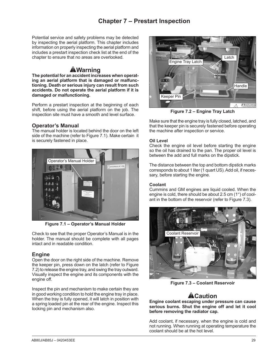 Chapter 7 – prestart inspection, Caution, Warning | Snorkel AB85RJ CE User Manual | Page 33 / 74